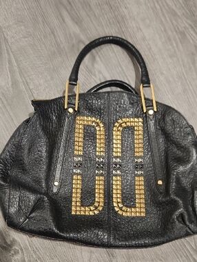 DAKS Genuiene Black Leather Handbag with Gold Stud Detail - Women Bags